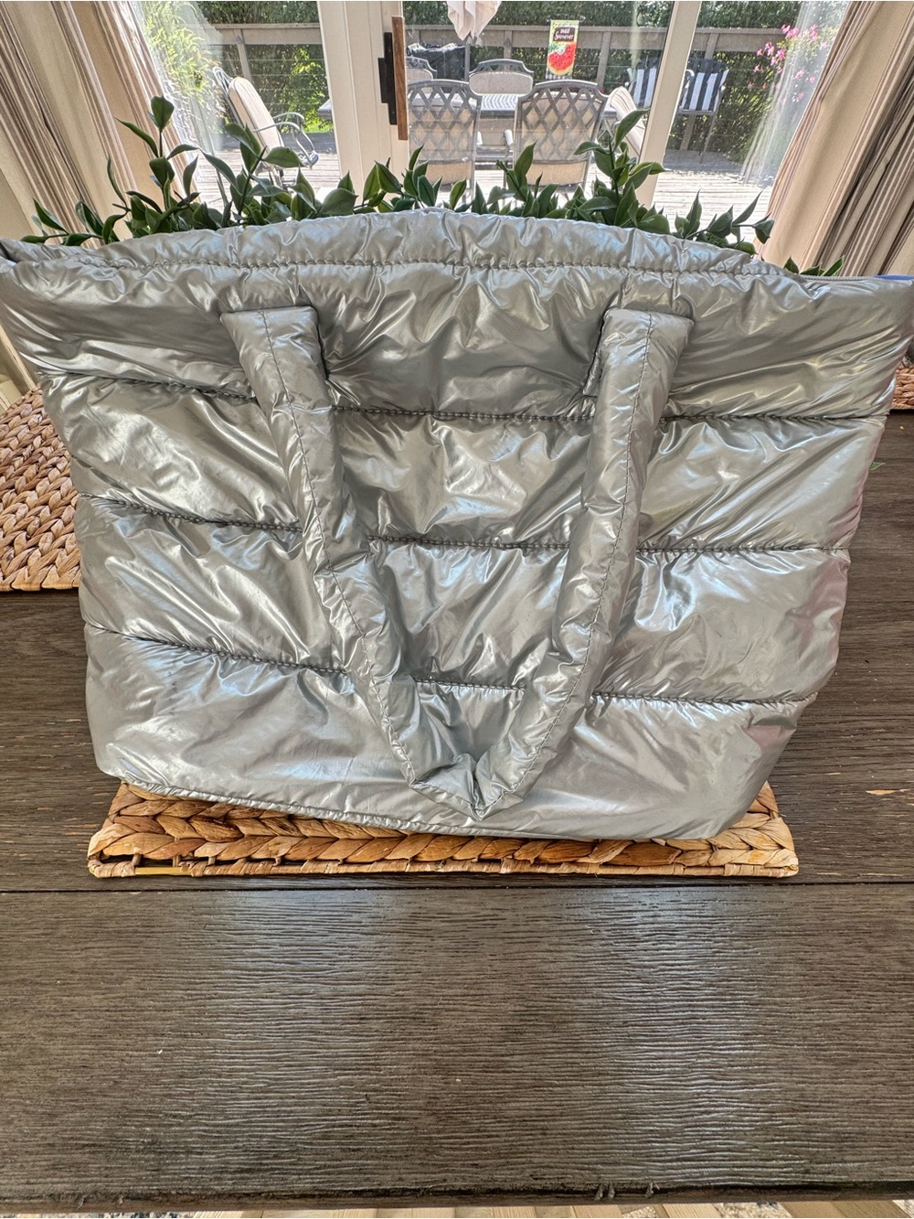 GAP Silver Puffer Tote Bag - Lightweight Quilted Shoulder Bag